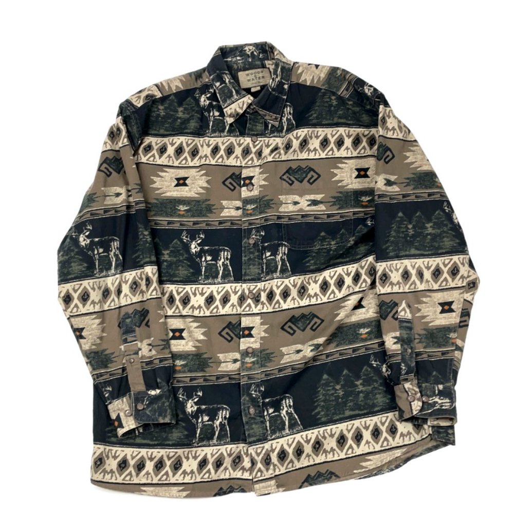 Southwestern Deer Print L/S Shirt Thick Cotton